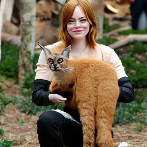 Prompt: Emma Stone holding a cute caracal