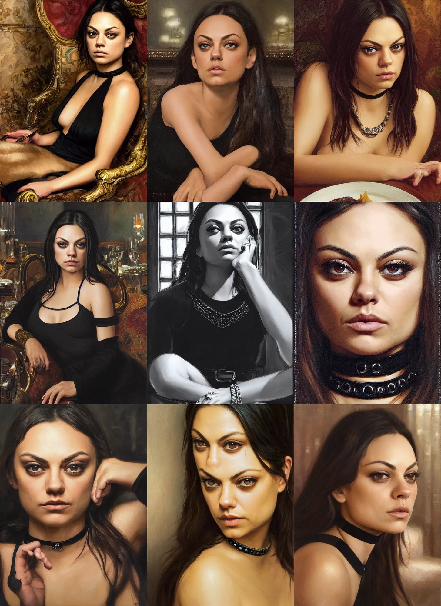 Image similar to mila kunis sitting across the camera wearing a black choker staring into the camera in an expensive restaurant, point of view, intricate, elegant, tasteful, highly detailed, shallow depth of field, artgerm, donato giancola, joseph christian leyendecker