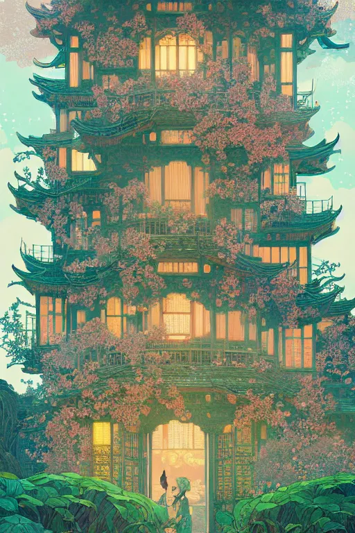 Image similar to a beautiful hyperdetailed matte illustration victo ngai style of absolutely beautiful blooming flower house, from china, perfectly shaded, atmospheric lighting, style of studio ghibli, makoto shinkai, raphael lacoste, louis comfort tiffany, artgerm, james jean, ross tran, chinese style