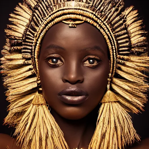 Image similar to vintage portrait of a stunningly beautiful west african tribal queen female, depth of field, zeiss lens, detailed, symmetrical, centered, fashion photoshoot, by edward s curtis, Annie Leibovitz and Steve McCurry, David Lazar, Jimmy Nelsson, Breathtaking, 8k resolution, extremely detailed, beautiful, establishing shot, artistic, hyperrealistic, beautiful face, octane render