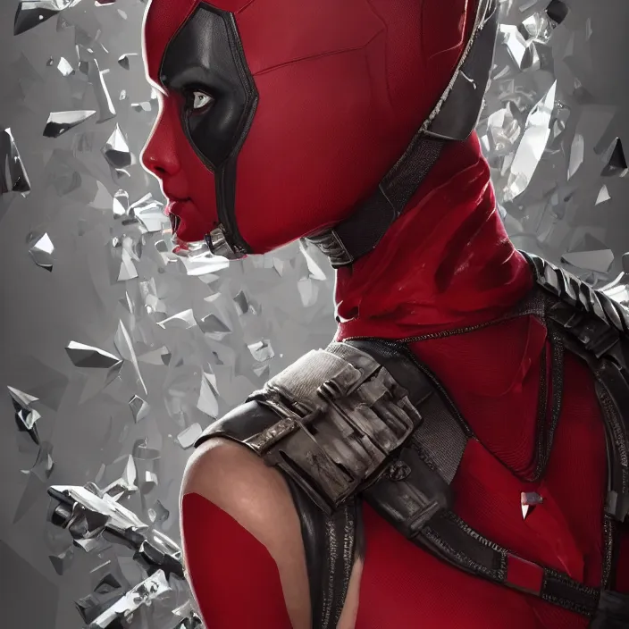 Prompt: charlize theron as lady deadpool. intricate abstract. intricate artwork. by tooth wu, wlop, beeple, dan mumford. octane render, trending on artstation, greg rutkowski very coherent symmetrical artwork. cinematic, hyper realism, high detail, octane render, 8 k, iridescent accents