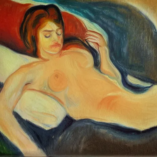 Image similar to lady with brown hair taking up too much space in bed in, oil painting in the style of edvard munch