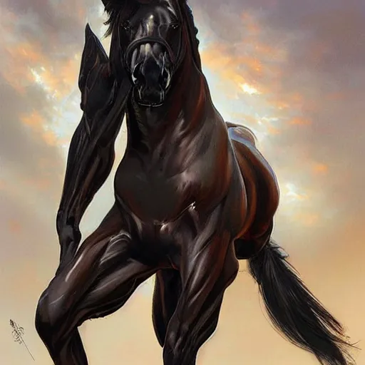 Image similar to an enormously muscular black - coated anthro horse at a research facility wearing skintight bodysuit, tactical kevlar, highly detailed, digital painting, artstation, concept art, illustration, art by artgerm, greg rutkowski, wlop