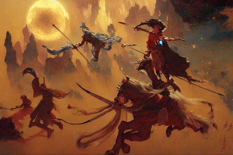 Image similar to wuxia, space, painting by gaston bussiere, craig mullins, j. c. leyendecker