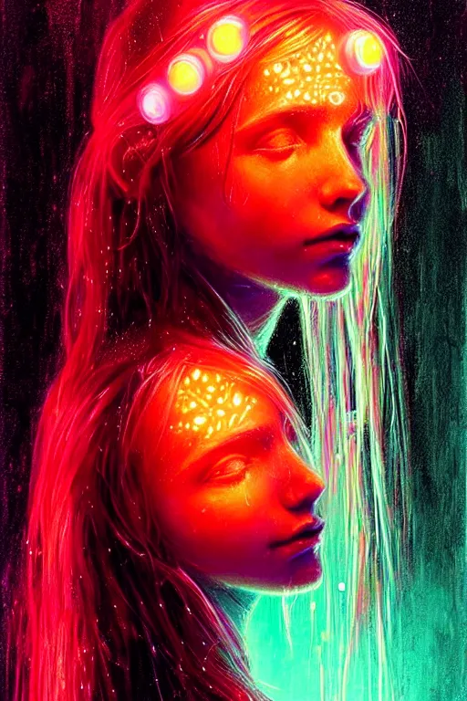 Image similar to portrait of a girl in the glowing neon rain with wet hair and face, fantasy, intricate, elegant, dramatic lighting, emotionally evoking symbolic metaphor, highly detailed, lifelike, photorealistic, digital painting, artstation, concept art, smooth, sharp focus, illustration, art by John Collier and Albert Aublet and Krenz Cushart and Artem Demura and Alphonse Mucha