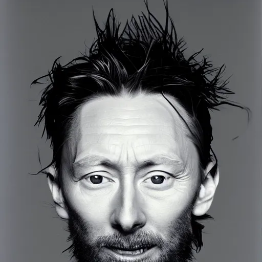 Image similar to Smiling Thom Yorke, with a beard and a black jacket, a portrait by John E. Berninger, dribble, neo-expressionism, uhd image, studio portrait, 1990s