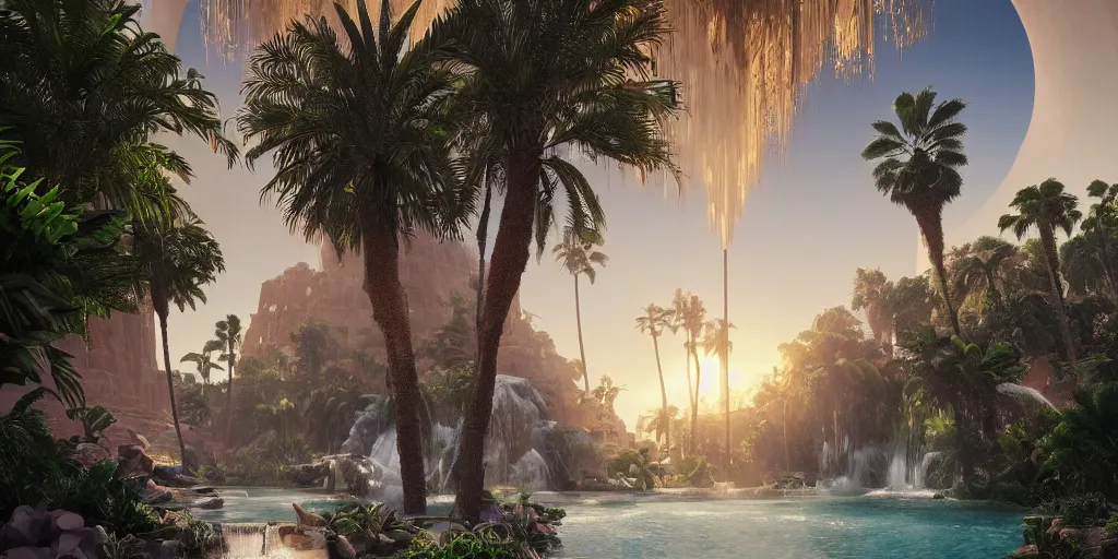 Image similar to beautiful oasis waterfalls surrounded by palm trees, moroccan tile archways, date trees, ivory towers, sun setting, ross tran, nephilim, pyroclastic flow, ethereal, fantasy, james jean, oozium, peter morbacher angelarium alchemy luxury heavenly light soft illumination, trending on artstation, cinematic lighting, digital painting, octane render, artgerm