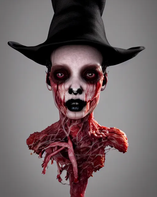 Prompt: face, beautiful biopunk witch with hat made out of flesh, cutely dressed, goth, bloody meat clothes, laboratory, elegance, perfect, masterpiece | | artgerm, octane render, 8 k, hd, very detailed, raytracing