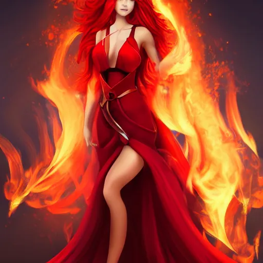 Image similar to a goddess with red hair and red dress with a fire aura, trending on artstation