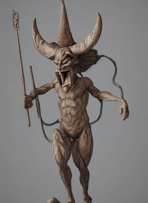 Image similar to an octane render of a ritualistic demon statuette, made of wood and ivory, volumetric lighting, beautiful design, hd render,