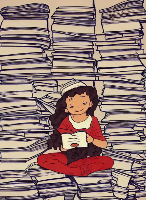 Image similar to a little girl with curly brown hair sits cross legged on top of a tall pile of books. she is reading. clean pretty cartoon painting, cel shaded, minimal outlines, beautiful detailed face.