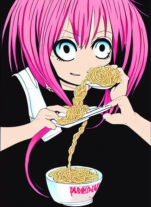 Image similar to anime girl with pink hair eating ramen noodles, black background, by eiichiro oda