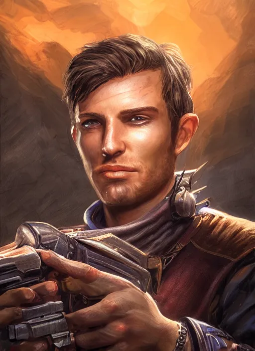 Image similar to short hair stubble male gunslinger shooter, dndbeyond, bright, realistic, dnd character portrait, full body, art by ralph horsley, dnd, rpg, lotr game design fanart by concept art, behance hd, artstation, deviantart, global illumination radiating a glowing aura global illumination ray tracing hdr render in unreal engine 5