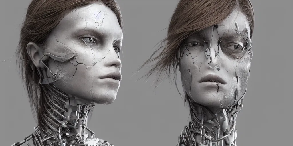 Image similar to photorealistic gorgeous symmetrical female cyborg, holding intimately, highly detailed, intricate detailing, torso, neck, knees, in the style of, beth cavener, jin kagetsu, wlop, masterpiece, concept art, high key lighting, ambient lighting, octane render, 8 k, artstation