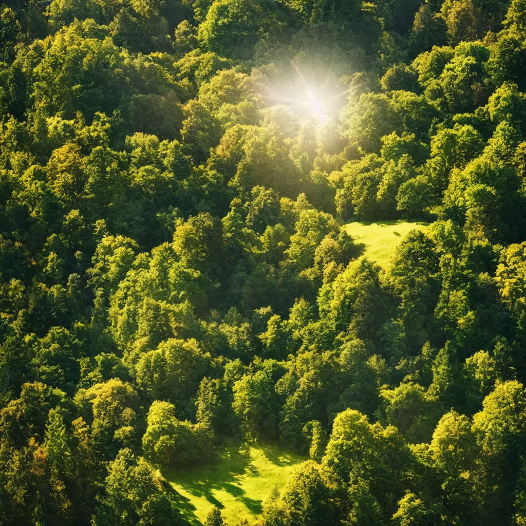 Image similar to beautiful landscape, home on the top of a hill surrounded by trees, natural lighting, 35mm photography, highly detailed, 8K, artgerm, cgsociety, warm lighting