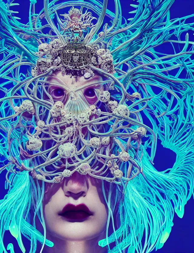 Image similar to symmetrical, centered, goddess close-up portrait wigh crown made of skulls. phoenix betta fish, phoenix, bioluminiscent creature, super intricate ornaments artwork by Tooth Wu and wlop and beeple and Dan Flavin and Daniel Buren and greg rutkowski