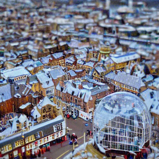 Prompt: snowglobe of a tiny town brighton uk, tilt - shift lomo photo