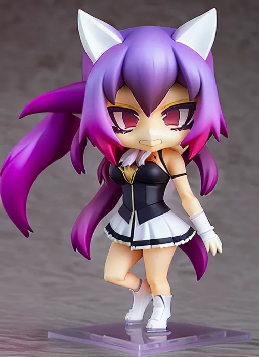 Image similar to chic kda ahri from league of legends nendoroid full body hyperdetalied, hero action pose, osamu tezuka, macoto takahashi, chibi, q posket, 8 k realistic, 3 d, cryengine, exquisite, charming smile, shape focus, symmetrical face, artstation, frostbite 3 engine, cryengine