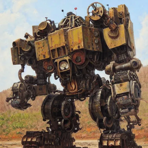 Image similar to oil painting of a huge rusting mech, that resembles a mechanical gorilla, highly detailed, complex, intricate by james gurney