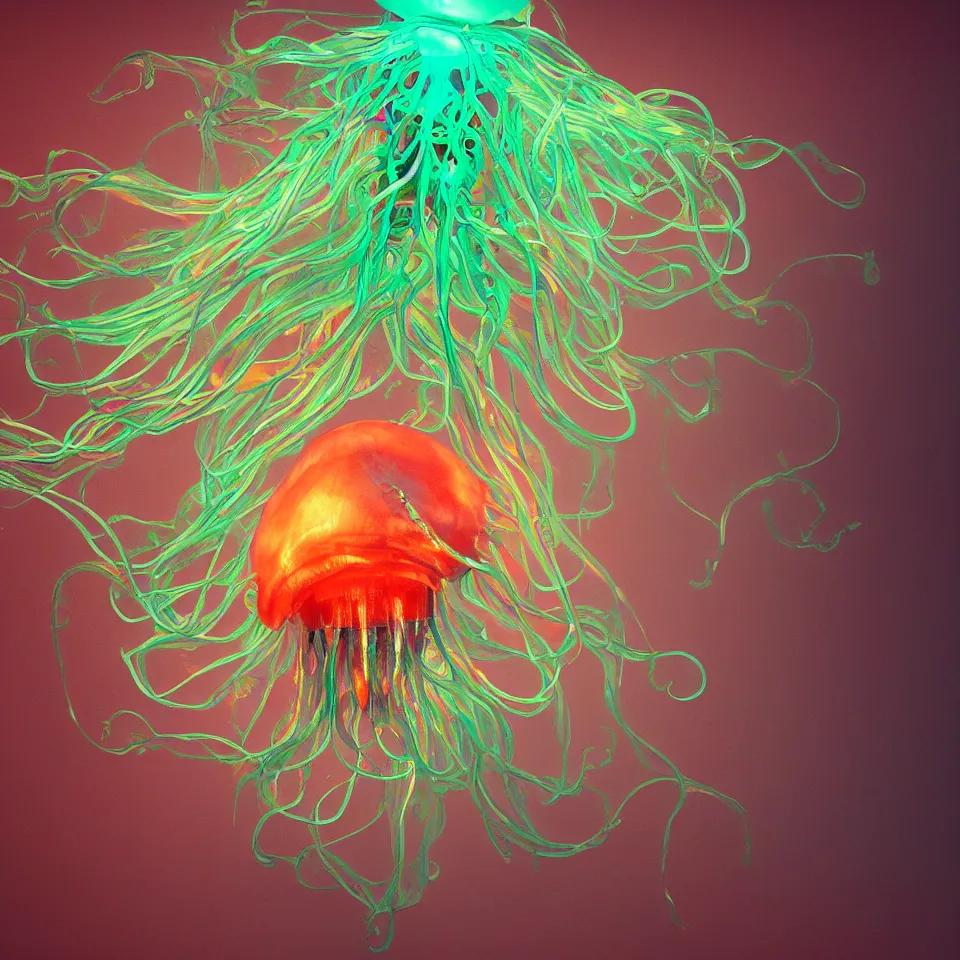 Image similar to a beautiful exquisite hyper detailed rendering of a bioluminescent jellyfish with flowing tendrils by kelogs loops and lumi and chihuily, vivid deep colors, scifi, realistic, octane render, vray render,