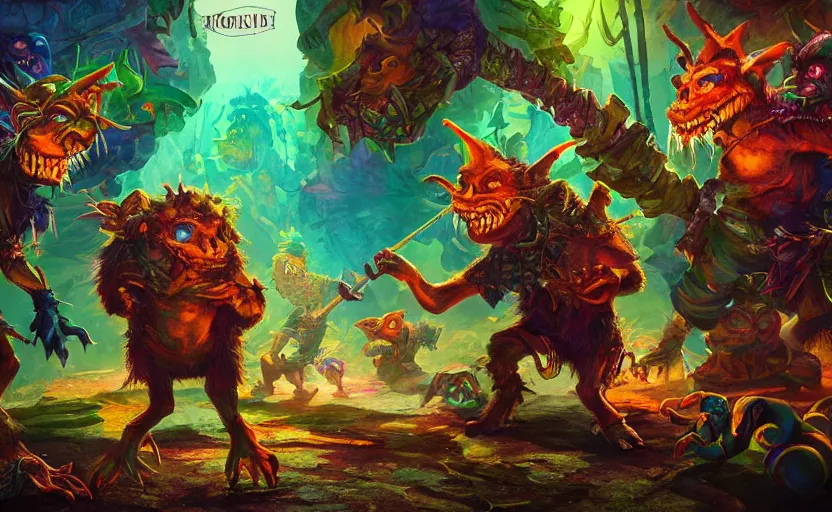 Image similar to goblins dancing in a colorful dungeon, cover art, epic composition, 4K Ultra HD