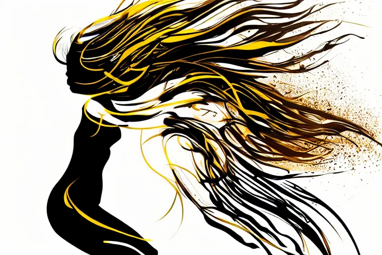 Image similar to beautiful serene running woman, healing through motion, life, minimalistic golden and ink airbrush painting on white background, pristine