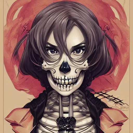  anime manga cráneo retrato joven mujer esqueleto,