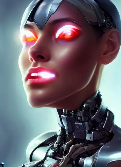 Image similar to portrait of a cyborg woman who turns her head to the (((((right))))) left by Artgerm,eyes closed , biomechanical, hyper detailled, trending on artstation