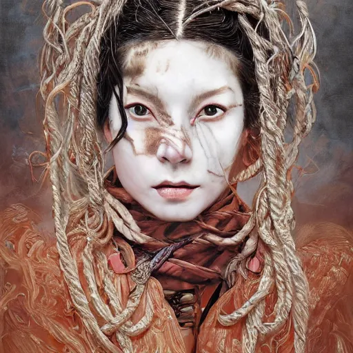 Prompt: portrait of a Shibari rope wrapped face and neck, headshot, insanely nice professional hair style, dramatic hair color, digital painting, of a old 18th century, traveler, amber jewels, baroque, ornate clothing, scifi, realistic, hyperdetailed, chiaroscuro, concept art, art by Franz Hals and Jon Foster and Ayami Kojima and Amano and Karol Bak,