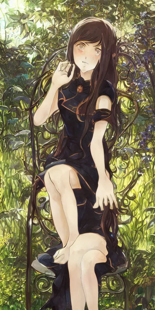 Image similar to a loli with long hair in a black dress sitting on a metal garden chair in the privet garden at afternoon, green and warm theme, back lighting, highly detailed, by krenz cushart and mucha and akihito yoshida and greg rutkowski and makoto shinkai, detailed eyes, 4 k resolution, trending on art station