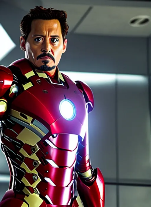 Prompt: film still of Johnny Depp as Tony Stark in Iron Man, 4k
