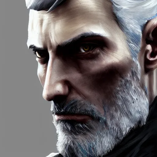 Prompt: man with grey hair by Cédric Peyravernay, painting, portrait, dishonored concept art