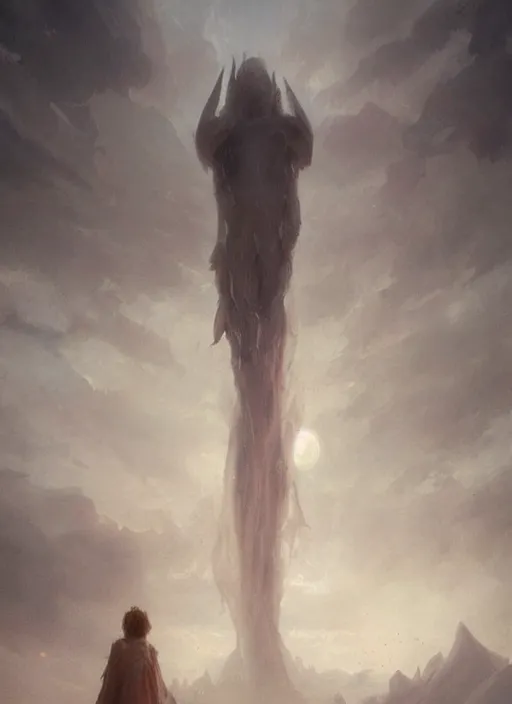 Image similar to a beautiful terrifying pale humanoid giant looms over a tiny human. ethereal fantasy art by greg rutkowski