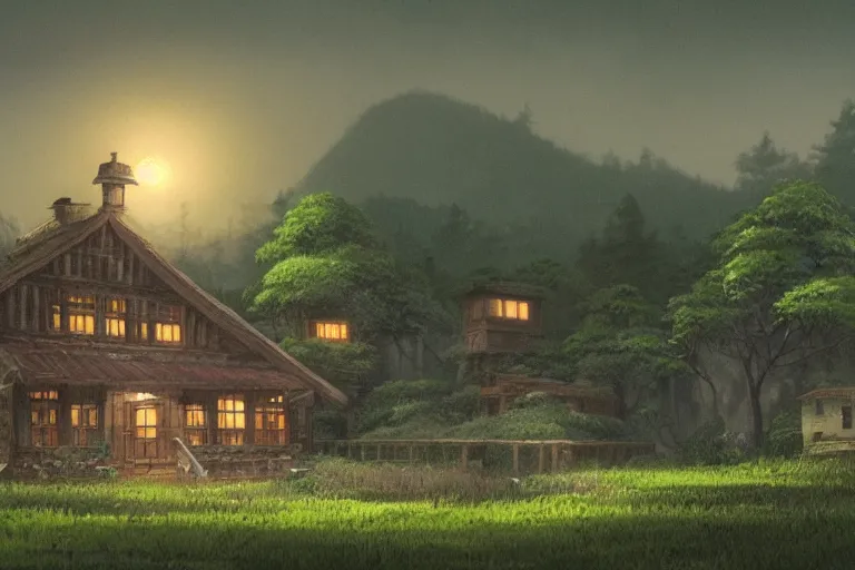 Prompt: A highly detailed matte painting of a lone house at night, forest, beautiful scenery, gas lamps, by Studio Ghibli