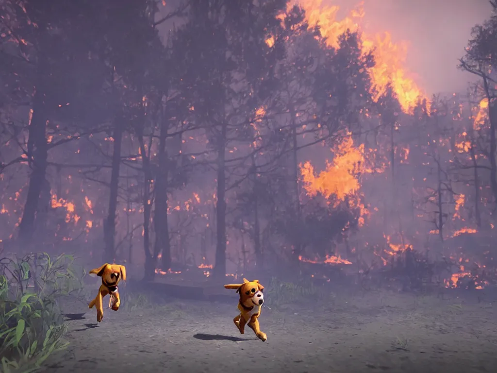 Prompt: a dog escaping a wildfire featured in a platformer video game, style of Inside game, sumerville game, limbo game