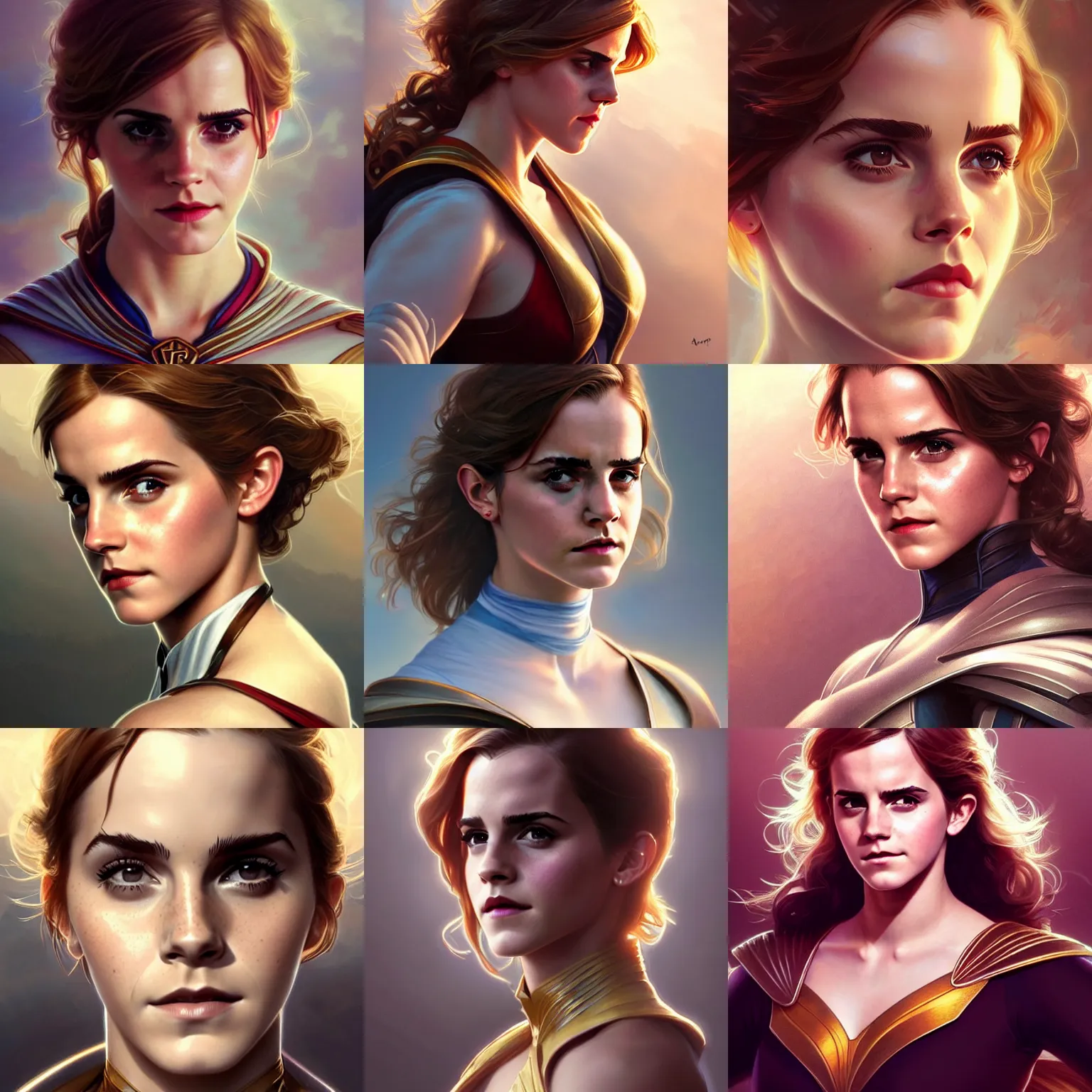 Prompt: beautiful Emma Watson as power Girl, western, closeup, D&D, fantasy, intricate, elegant, highly detailed, digital painting, artstation, concept art, matte, sharp focus, illustration, art by Artgerm and Greg Rutkowski and Alphonse Mucha