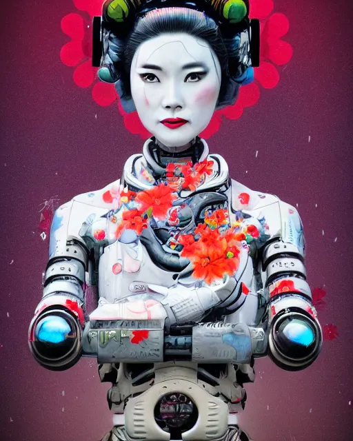 Image similar to an epic fantastic realism comic book style portrait painting of a japanese robotic geisha with kanji tattoos and decals, cherry blossom rain everywhere, apex legends, octane render