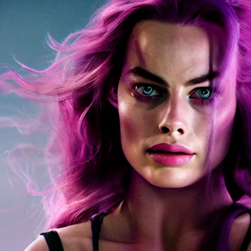 Prompt: an award winning cinematic still of beautiful Margot Robbie Wolverine with long purple hair in , 16k hyper realistic photograph, centered, dramatic lighting