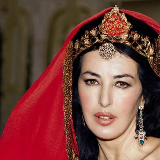 Image similar to Monica Bellucci as Queen of Iran, highly detailed, DSLR photograph