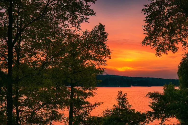 Prompt: a picture of the sunset overlooking a lake, 4k