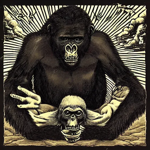 Image similar to gorilla falling from heaven, in the style of deathspell omega's fas album cover