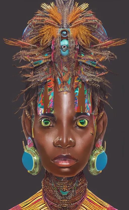 Prompt: upper half portrait of retro futuristic african tribal chief - embellished with vegetation and iridescent crystals, art by chsiao - ron cheng, highly detailed, digital painting, concept art, illustration, smooth sharp focus, intricate, symmetry, artstation, colourful,