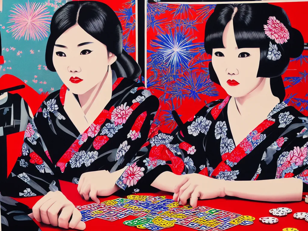 Prompt: hyperrealism composition of the detailed single woman in a japanese kimono sitting at a extremely detailed poker table with darth vader, fireworks, river on the background, pop - art style, jacky tsai style, andy warhol style, acrylic on canvas