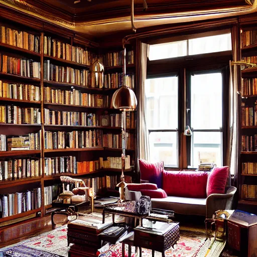 Prompt: insanley detailed wide angle photograph, atmospheric, award winning interior design library room, dusk, cozy and calm, old books, books, a lot of book, colorful accents, brass, copper, secluded, many light sources, lamps, hardwood floors, book shelf, couch, desk, balcony