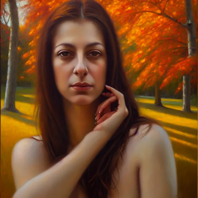 Prompt: stunning serene portrait of Sara Jay by Mark Arian, oil on canvas, masterpiece, realism, piercing gaze, autumn bokeh