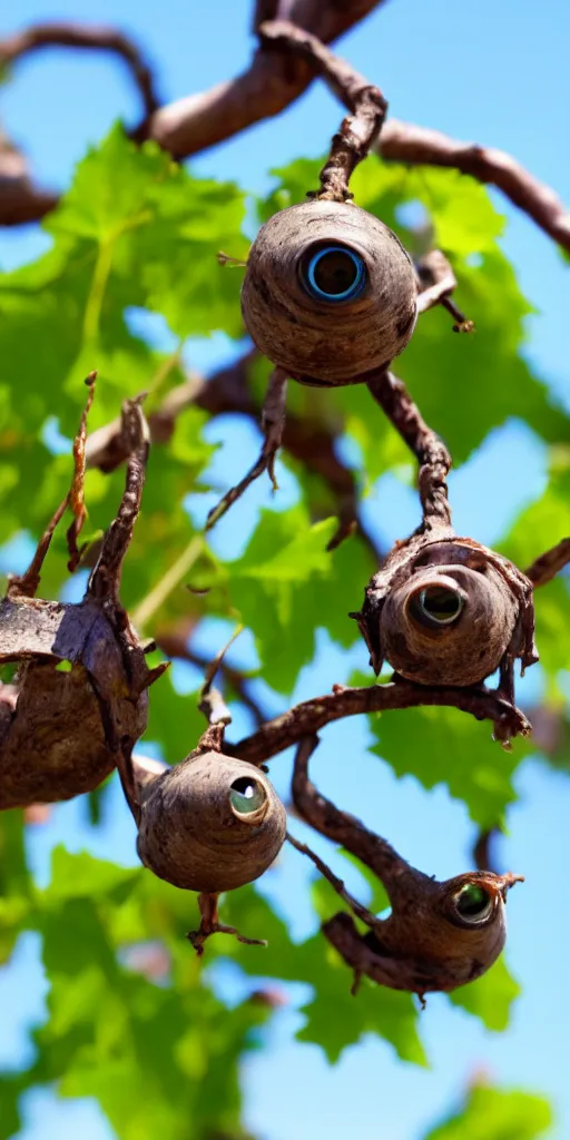 Prompt: conical, shouldered cluster of eyeballs hanging from a vine