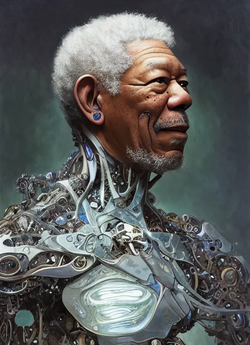 Prompt: morgan freeman as a organic cyborg, diffuse lighting, fantasy, intricate, elegant, highly detailed, lifelike, photorealistic, digital painting, artstation, illustration, concept art, smooth, sharp focus, art by john collier and albert aublet and krenz cushart and artem demura and alphonse mucha