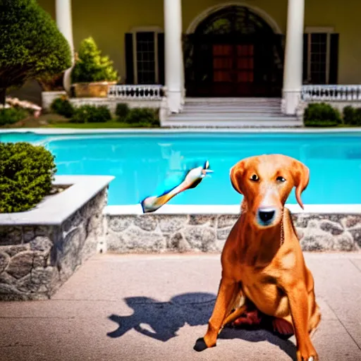 Image similar to a very detailed photo of a dog smoking a cigar outside the mansion by the pool