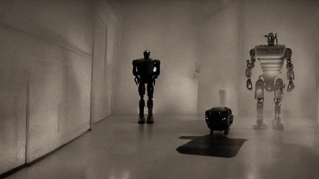 Image similar to horror movie still of robot, movie still, cinematic composition, cinematic light, by edgar wright and david lynch