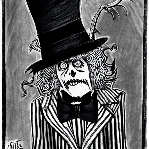 Image similar to a Pop Wonder scary horror themed goofy-hilarious-character Mad-Hatter-babadook-wearing a scarf, 3-piece-suit, dime-store-comic drawn with charcoal and pen and ink, half-tone-line-stacking